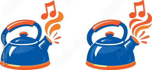 Two-Color vector icons of a tea kettle whistling a musical note: kettle arc, steam curl, note shape, spout glow; handle curve,