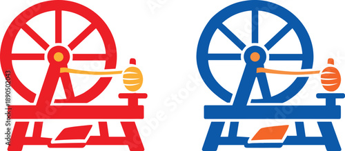 Two-Color vector icons of simple loom silhouette: plain wheel arc, minimal spokes, small spindle line, even thread hint; steady