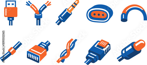 Two-Color vector icons of cable details: plug head, wire split, connector tip, socket curve; cable end arc, thin sheath line,