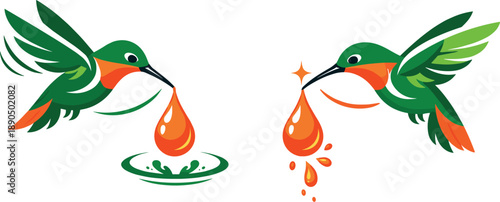 Two-Color vector icons of a hovering nectar bird inspired by a hummingbird sipping a droplet: mid-air bird, suspended droplet,