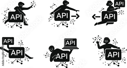 API interaction silhouette set, human-tech integration icons, circuit design figures, digital connectivity concept, programming interface illustration