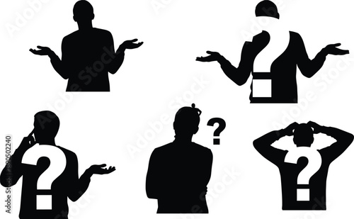 Confused person silhouette set with question marks, uncertainty and inquiry poses, expressive thinking and decision-making illustration