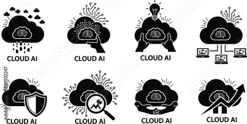 Cloud AI icon set, artificial intelligence and data integration symbols, secure analytics, innovation, diagnostics, and collaboration illustration