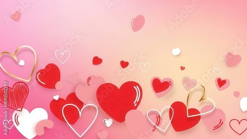 Creative collage of colorful hearts on pink and orange gradient background for romantic events