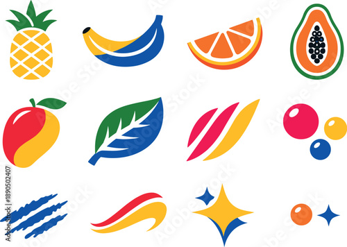 Two-Color vector icons of fruit silhouettes: pineapple shape, banana arc, citrus wedge, papaya seed, mango curve, leaf crest,