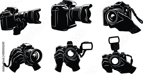 DSLR camera handling silhouette set, photography grip icons, camera accessory poses, ergonomic shooting technique illustration