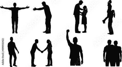 Human interaction silhouette set, expressive gesture icons, emotional connection poses, communication and support illustration, relationship body language