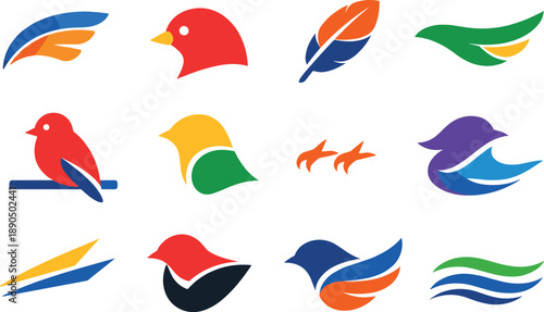 Two-Color vector icons of bird silhouettes: wing arc, beak dot, feather sweep, tail stripe, perch mark, contour curve, tiny claw