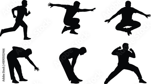 Human motion silhouette set, dynamic physical poses, martial arts and meditation gestures, expressive movement and posture illustration