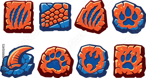 Two-Color vector icons of ancient beast records: carved tablet with claw mark, stone slab with scale imprint, etched plate with