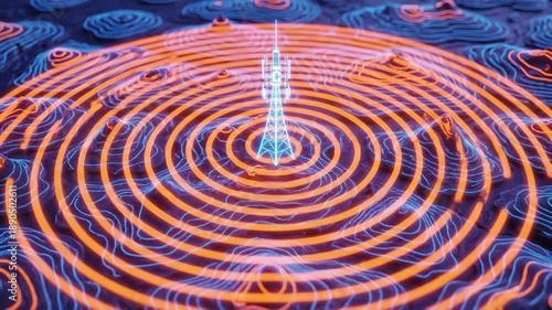 Neon communication tower broadcasting signal waves over abstract topographic landscape glowing digital network connectivity concept