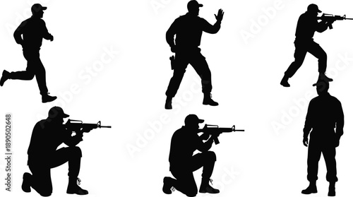 Tactical soldier silhouette set, armed poses with rifles, combat stance icons, law enforcement motion, military action illustration