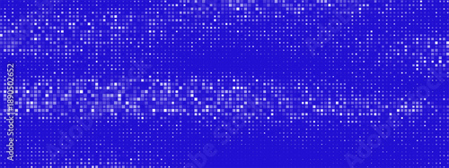 Blue pixel mosaic with glowing digital squares creates abstract tech background. Modern data visualization with cyan light effects and futuristic grid pattern for fintech design.