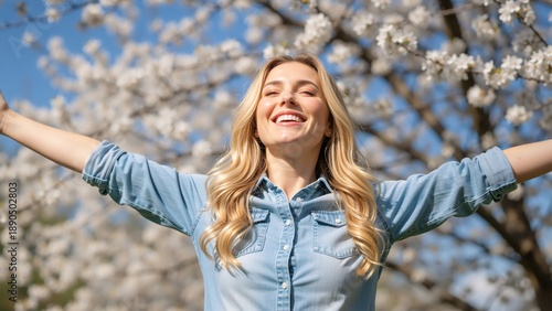 Happy young woman smiling with arms outstretched in a spring park. Joyful female enjoying sunlight and freedom outdoors with blooming trees in the background