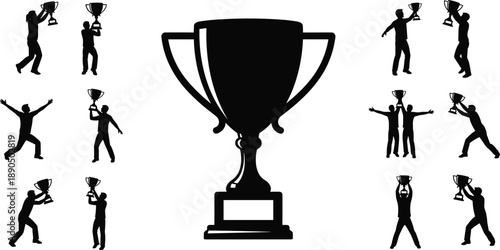 Trophy celebration silhouette set, victory and achievement icons, award ceremony poses, success and recognition gesture illustration