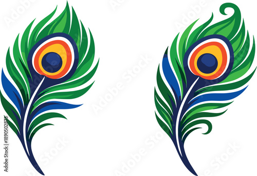 Two-Color vector icons of peacock feather with eye pattern: curved feather stem, oval eye-spot ring, layered plume arc, tapered
