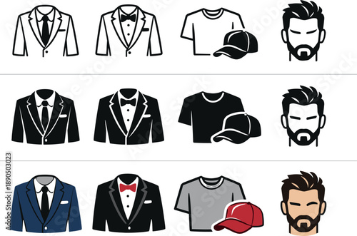 Men's Fashion Icons. Icon object one for menswear style, icon object two for formal clothing, icon object three for casual fashion