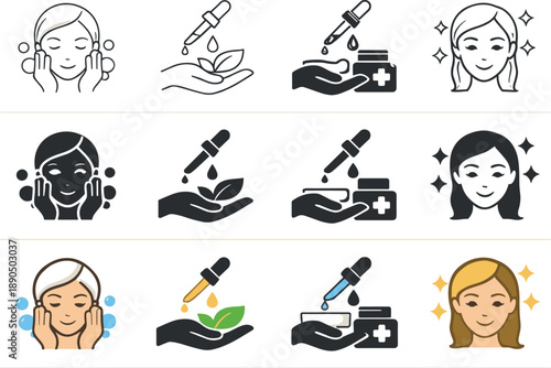 Beauty Icons Matrix. Icon object one for facial cleansing, icon object two for skin nourishment, icon object three for treatment