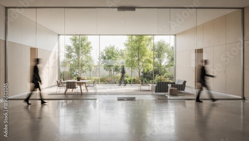 Modern office interior with blurred figures walking past a glass wall overlooking a garden