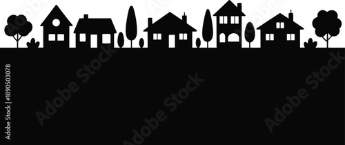 A minimalist black silhouette illustration showcasing a row of residential homes and trees
