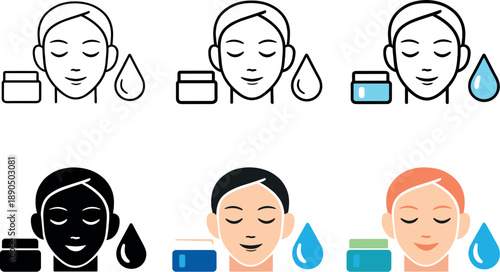 Daily skincare routine symbol showing a calm human face accompanied by a small cream jar and water droplet arranged as a unified
