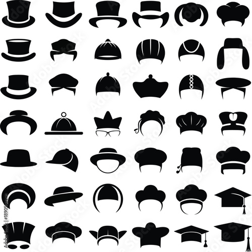 Diverse set of silhouette icons featuring different types of hats and caps for various professions