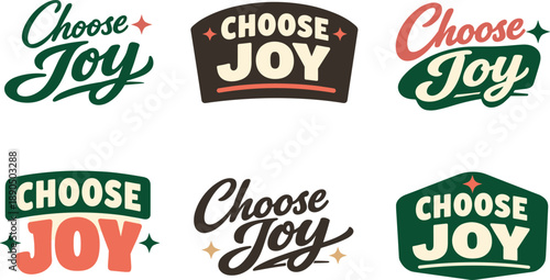 Clean modern holiday banner illustration displaying a modern lettering logo set for Choose Joy, six clean flat vector lettering
