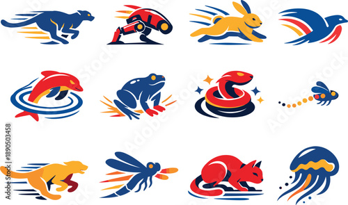 Two-Color vector icons of motion-enhanced creatures: boosted leg arc, flex hinge, jump stripe, glide curl, ripple ring, push-off