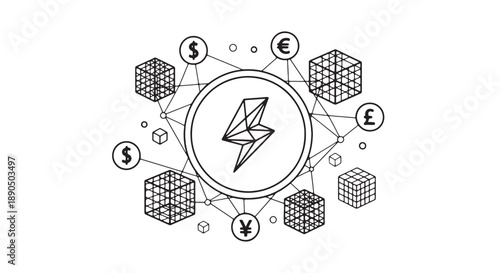 Digital currency exchange with various global currencies and blockchain cubes surrounding a central lightning symbol
