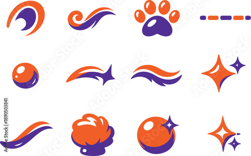 Vibrant Vector Icons. Two-Color vector icons of gentle traits: ear arc, whisker curl, paw tip, contour dash, tiny bead, arc flick,
