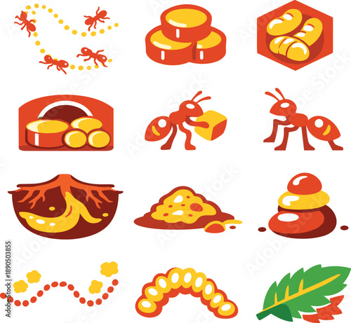 Two-Color vector icons of colony life: worker path, food pellet, brood cell, storage chamber, cleaning ant, guard stance, root