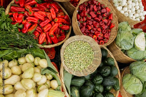 Santa Maria de Jesus, Guatemala.  Fresh chiles and beans at a local outdoor market