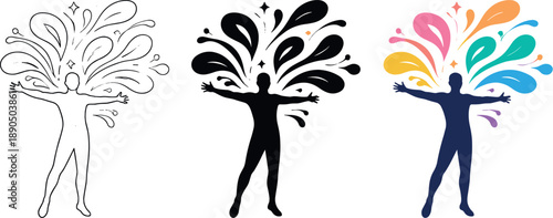 Creative Expression Silhouettes. Creative autonomy concept showing a human silhouette with arms spread wide and flowing shapes