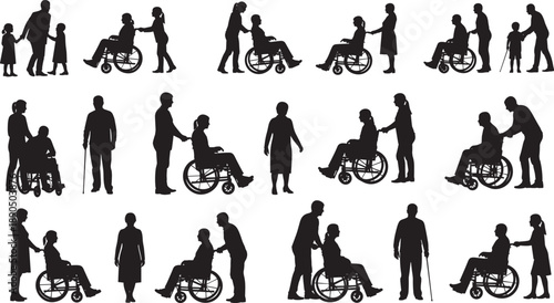 Comprehensive Black Silhouette Collection of People in Wheelchairs with Caregivers and Elderly Seniors with Walking Canes Isolated on a White Background for Medical Design