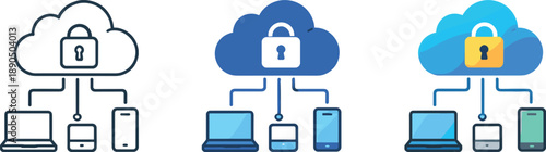 Protected technology scene showing a cloud connected to devices with a central lock symbolizing managed IoT security — three