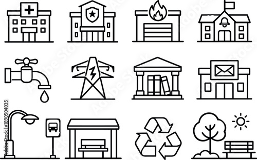 Line style of City utility icons: hospital, police, fire station, school; water tap, electricity, library, post office;