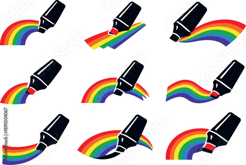 Two-Color vector icons of highlighter marking rainbow: highlighter drawing arc of colors, angled marker creating rainbow line,