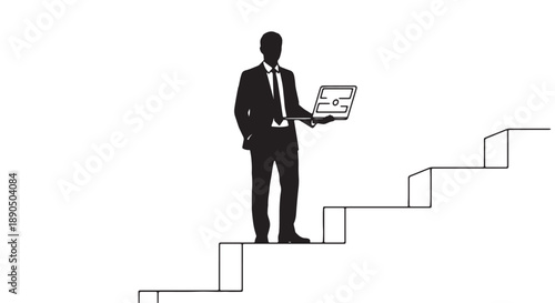 Businessman in suit holding laptop on staircase symbolizing career progression and professional growth