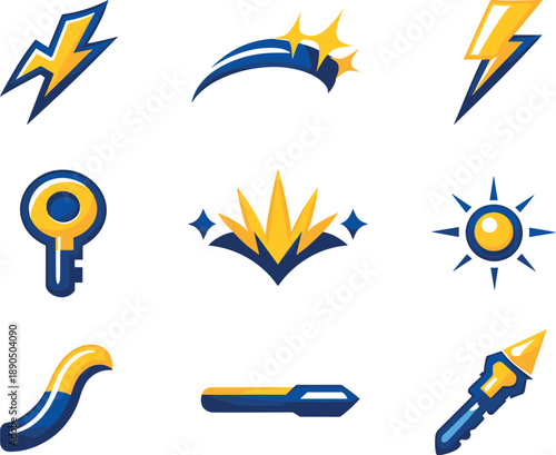 Two-Color vector icons of powered symbol shapes: electric arc stroke, curved spark band, tapered strike line, ring-shaped key