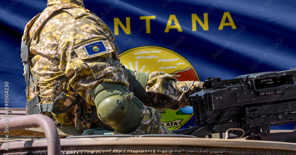 Fototapeta premium Montana US state flag with soldier at machine gun turret in front of it.