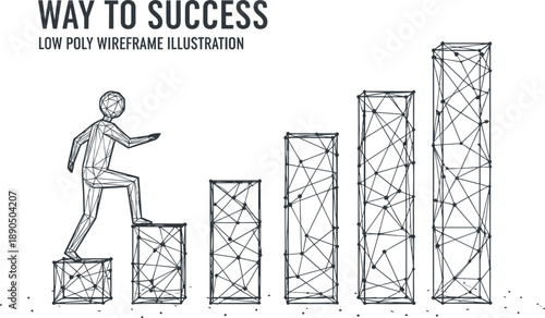 Way to success concept with low poly wireframe man climbing bar graph, business growth and career development cad drawing flat vector illustration