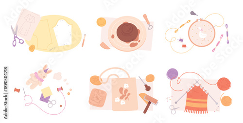 Handmade hobbies. Knitting sewing embroidery, sew toys, clothes design. Made clay pottery. Different tools and equipment, needles, scissors, workshop vector set
