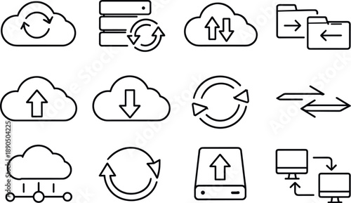 Line style vector icons of Sync cloud icons: cloud, sync, server, storage; upload, download, backup, transfer; network, arrow,