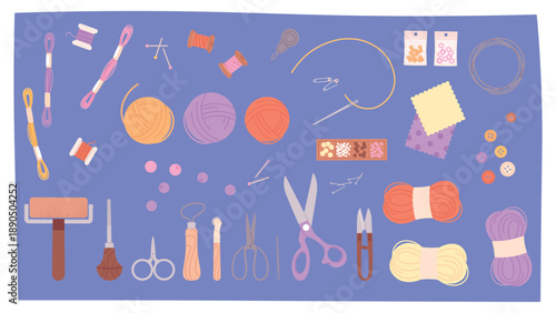 Tools for handmade. Assorted yarns, balls of knitting thread, sewing and embroidery threads, scissors and bag-making equipment. Clothes patches, beads, vector set
