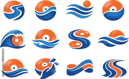 Two-Color vector icons of musical–river harmony tied to flowing grooves: river bend, record rim, soft ripple, groove arc; flowing