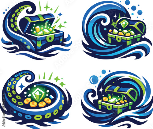 Two-Color vector icons of a mythical deep-sea guardian revealing ancient treasure (whimsical shift): enchanted tentacle, glowing