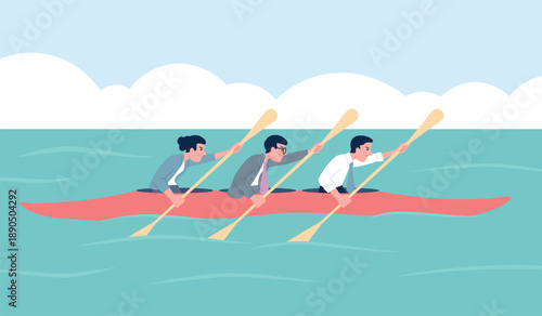 Business kayak teamwork. Office workers driving boat together. Well-coordinated work, lack of competition. Businesspeople kayaking recent vector scene