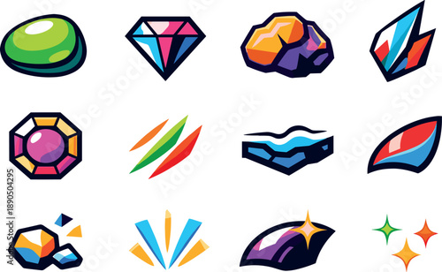 Two-Color vector icons of precious mineral shapes: polished stone, cut crystal, raw nugget, angular shard, ringed facet, grain