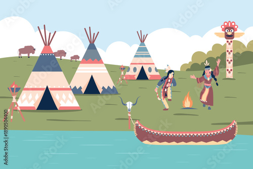American indian village. Tribal huts, wigwam near water. Native indians canoe on river. Adults wearing traditional costumes, ritual dancing, recent vector scene