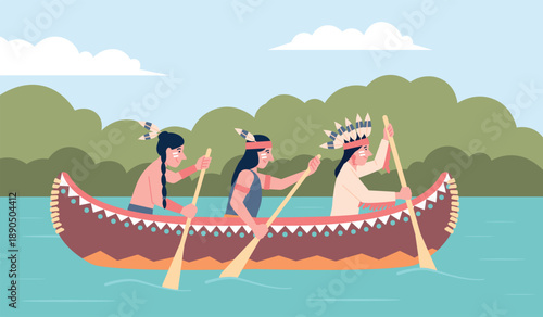 Native indian on canoe. American indians rowing paddles on river sitting in wooden and leather boat. Traditional wearing adult characters on kayak, recent vector scene